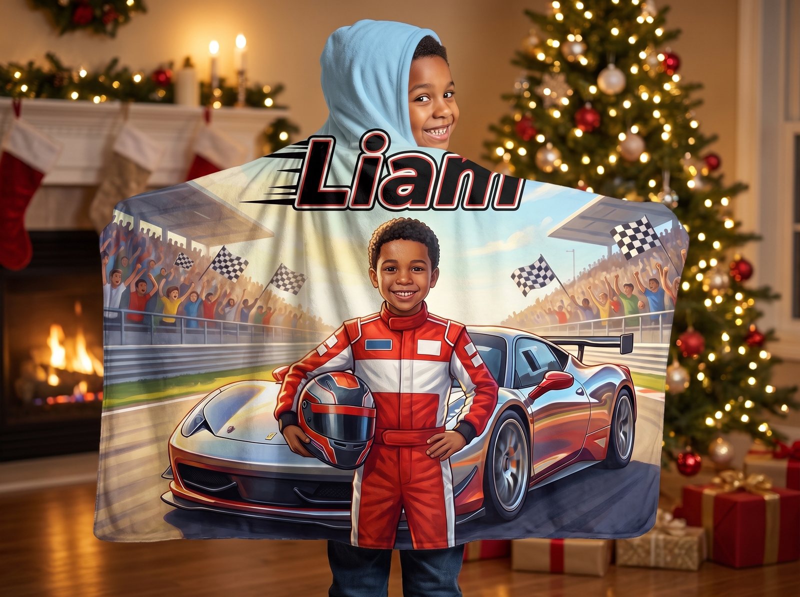 Liam wrapped in his personalized MyStoryWear race car hooded blanket by the fireplace