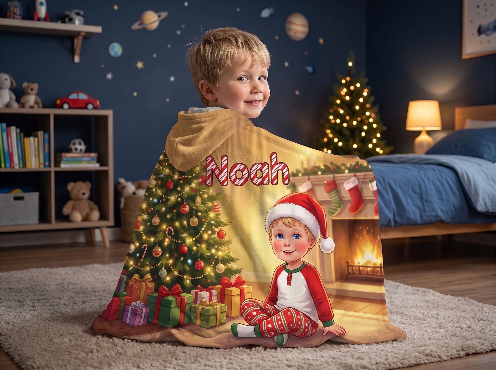 Noah wrapped in his personalized MyStoryWear Christmas hooded blanket, in his bedroom on Christmas night