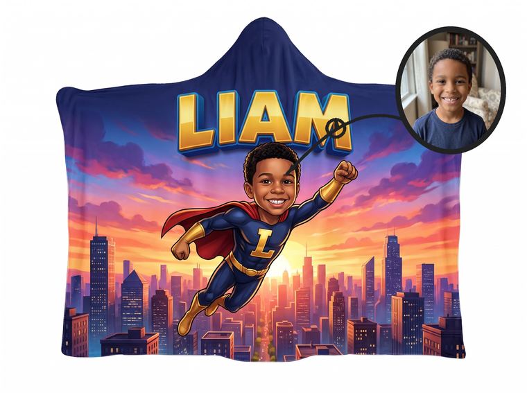 Superhero theme, real photo transformed into illustration